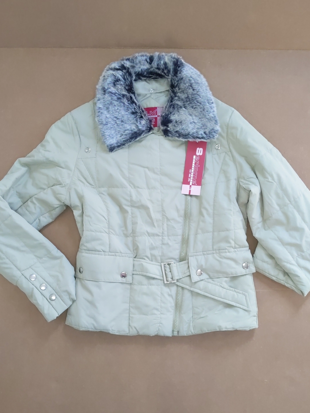 Womans Light Mint/Beige Quilted Jacket with Faux Fur Collar Size S